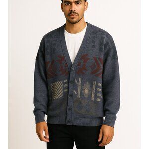 Vintage Italian Wool Blend Cardigan Sweater — Geometric Pattern — Size 52 (Fits